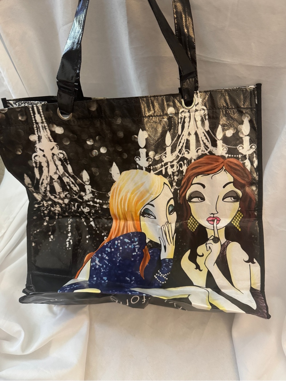 Black Graphic Tote Bag with Whimsical Illustration